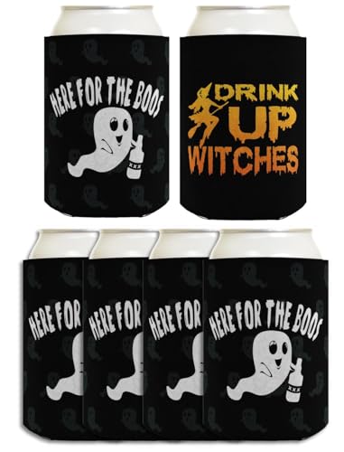 Womens Halloween Party Decorations Drink Up Witches Here For The Boos 2 Sided 6-Pack Can Drink Sleeves
