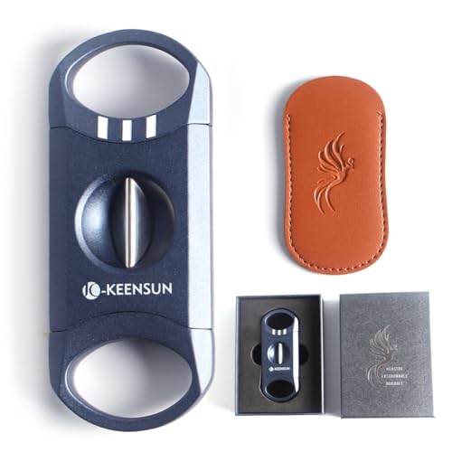 KEENSUN Zinc Alloy V-Cut Cigar Cutter (Blue), 60 Ring Gauge, 420J2 Stainless Steel V-Cut Blade & Cigar Holder (2 in 1) in Gift Box