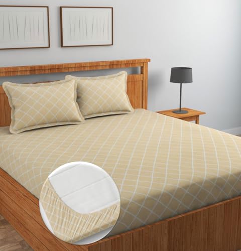 Image of NHD HOME Pure Cotton All Round Elastic Fitted Bedsheets for Double Bed with 2 King Size Pillow Covers 220 TC Supersoft |Wrinkel Free Bed Cover Size - 72x78+10 inches, Cream