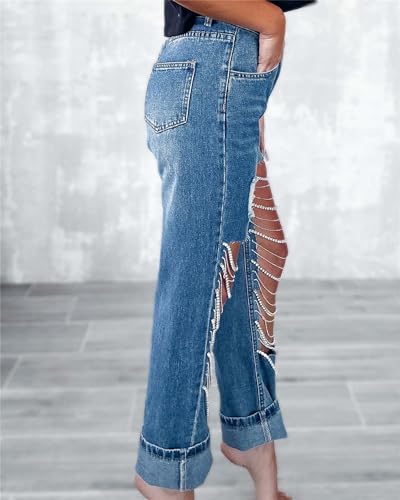 Women's Covered in Diamond Jeans High Rise Wide Leg Rhinestone Fringe Hem Split Denim Trouser3