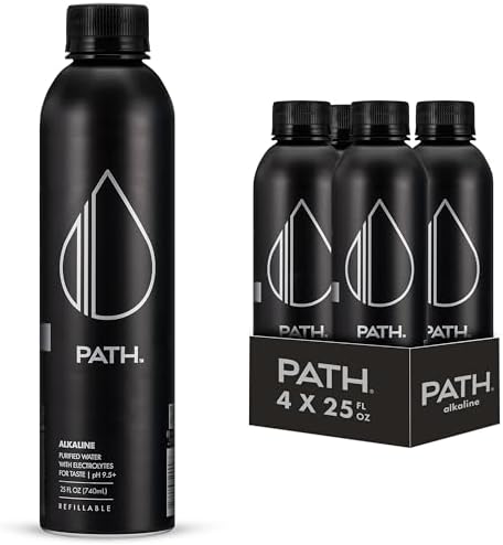 Path Alkaline Bottled Water - 9.5 pH-Balanced Purified Water with Electrolytes in Aluminum Bottle - BPA-Free, Reusable, Infinitely Recyclable - Pure, Crisp, Refreshing Taste 25 fl oz (Pack of 4)