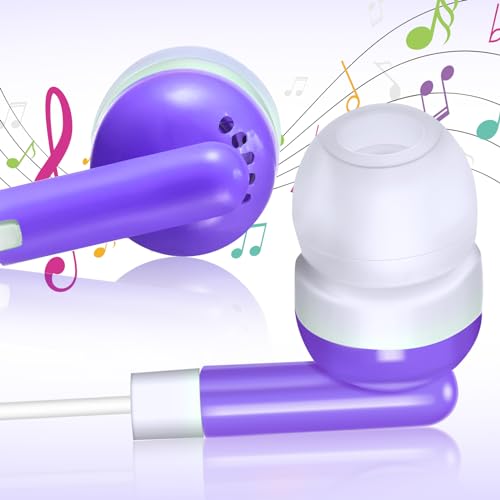Image of Konohan 100 Pcs Bulk Earbuds with Wire Basic Headphones in Ear for Libraries Laptop, No Microphone 3.5 mm Jack Earbuds Dot Headphones, Individually Bagged (Purple)
