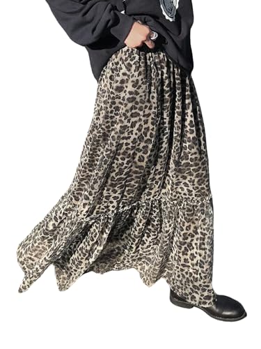 GORGLITTER Maxi Rock Damen Y2K Röcke Mit Leoparden Muster Lässig Maxirock Mit Plissee Saum Herbstrock Mit Elastischer Bund Fsetival Lange Röcke Grau L