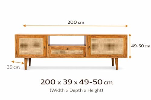 Image of Premium Solid Wood, 10 Minutes Assembly (Legs Only), Aesthetic Rattan Doors, Mid Century Entertainment Center for Living Room, TV Stand for 65 inch TV, Dark Chocolate (Unipue Natural)