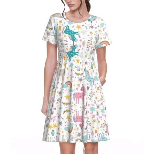 Robe de cocktail Licorns jupe trapèze rose imprimée
