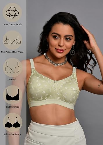 Image of XCARE Women's Non-Padded,Non-Wired,Full Coverage,Seamed 100% Cotton Fabric Comfortable, Soft & Breathable, Adjustable Straps, Multicolor, Everyday Comfort Heavy Brust Bra (Pack of 3)