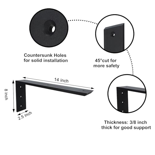 Countertop Support Bracket 6 Pack 14 inch Heavy Duty 3/8" Thick Black Shelf L Bracket 14"x6"x2.5" Mantel Corbels for Quartz/Granite/Wood/Concret/Laminate Countertops by Walwe - Image 2