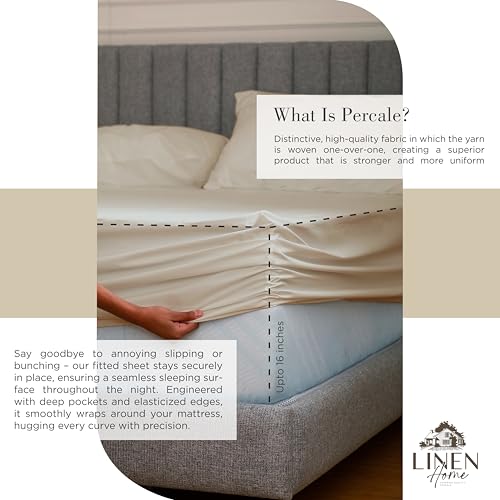 Image of Linen Home 100% Cotton Percale Sheets Queen Size, Light Taupe, Deep Pocket, 6 Pieces Set- 1 Flat, 1 Fitted and 4 Pillowcases, Crisp Cool and Long Staple Strong Bed Linen