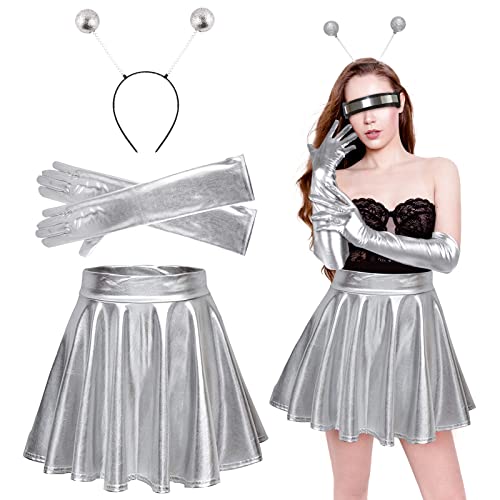 Mini Jupe Plissée A-Ligne Brillant + Gants Longues Verni Doigt Complet Punk + Serre-tête Costume de Danse Scène Cosplay pour Halloween Carnaval Party au thème 80 Années Cover