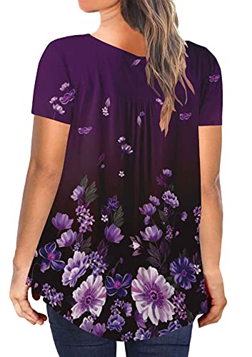 Beadchica Women's Plus Size Tunic Tops Casual Flowy Tshirts Ruched Botton Up Short Sleeve Blouses-Floral-Xl Purple #TOP2