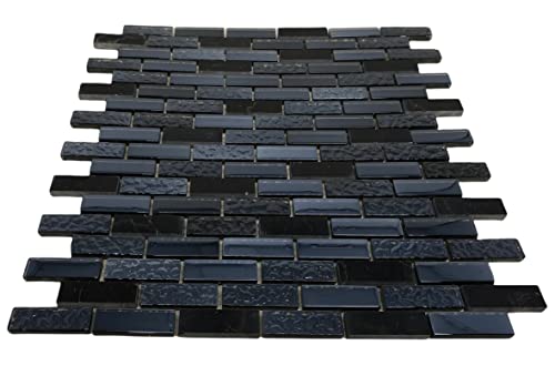 Premium Quality Nero Marquina Polished Black Glass Mixed Mosaic Brick Pattern Tile For Backsplash And Bathroom Wall Designed In Italy (Box Of 5 Sq. Ft.) #TOP4