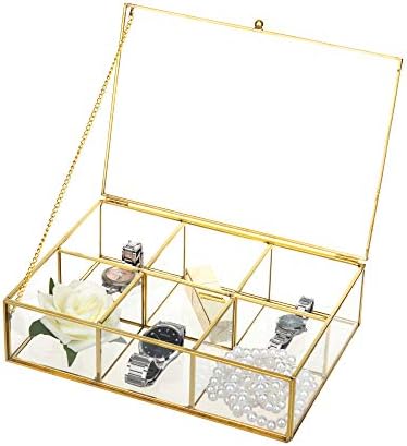 Feyarl Gold Clear Glass Box Metal Jewelry Trinket Shadow Box Tea Bags Box CounterTop Collection Display Case Holder 6 Compartment Decorative Makeup Organizer with Lid