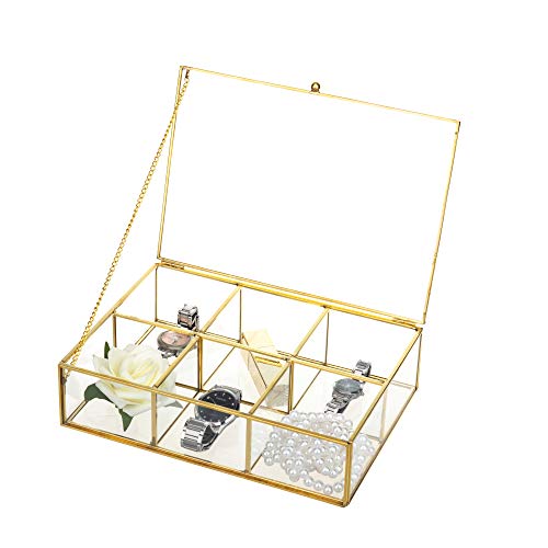 Feyarl Gold Clear Glass Box Metal Jewelry Trinket Shadow Box Tea Bags Box Countertop Collection Display Case Holder 6 Compartment Decorative Makeup Organizer With Lid #TOP10
