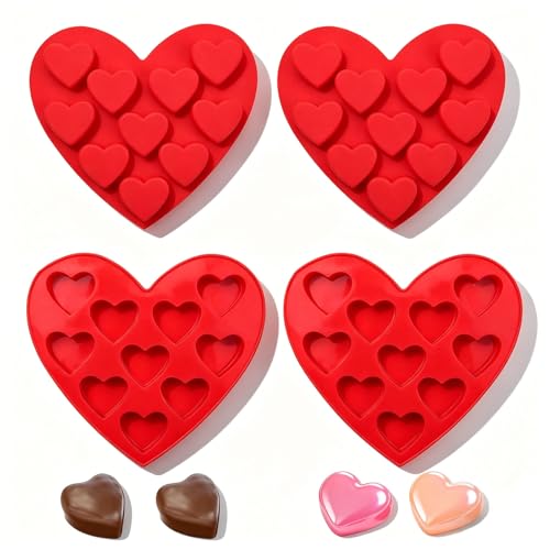 4 Pezzi Forma di Cuore Stampo per Muffin, Stampo per Cioccolato di San Valentino, Silicone Stampi per Praline e Caramelle Forma a Cuore, Applica a Cioccolato, Muffin, Torta(Rosso)