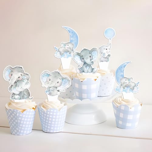 Aimeryup LS006BY 48 Pcs Blue Elephant Cupcake Toppers For Elephant Baby Shower Decorations Boy Cupcake Cake Decorations Baby Elephant Birthday Party Supplies thumb #4