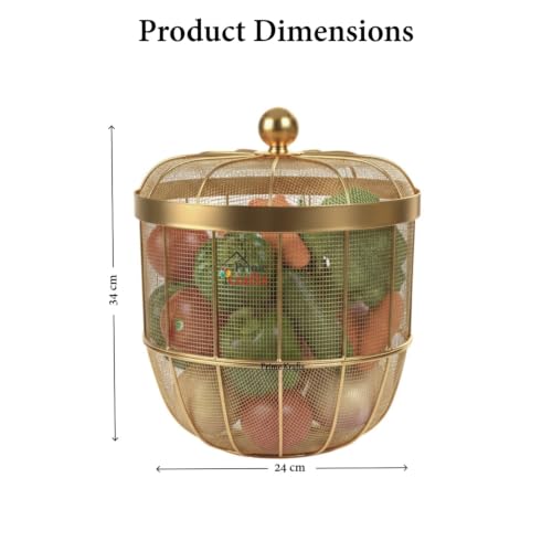 Image of Decorative Insect-Resistant Fruit and Vegetables Basket with Lid | Countertop Mesh (Jaali) Design Fruit Storage Basket for Kitchen, Dining Table, Living Room - Gold