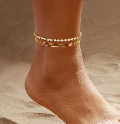 Image of 2 /3 PCS Gold Anklets for Women Waterproof Cuban Link Anklet Beaded Bracelets Stackable Bracelets 14K Gold Plated Custom Jewelry Gifts Non Tarnish Lightweight