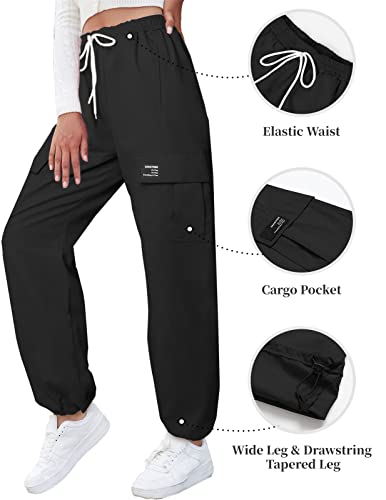 Sangtree Girl's Cargo Pants High Waisted Casual Adjustable Ankles Loose Trousers With Pockets For Girl,1#Black Wide,13-14 Years Toddler = Tag 170 #TOP1