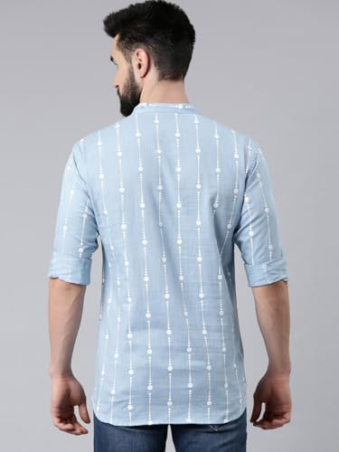 Image of Zombom Men's Cotton Polyester Blend Solid Regular Fit Full Sleeve Printed Short Kurta | Ethnic, Lightweight Summer Kurta for Daily & Occasion Use | Men's Trendy Short Kurta