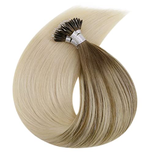 [Hot Sale]LaaVoo 16" 5A Grade Nano Ring Brazilian Human Hair Balayage Color Ash Brown Fading to Light Blonde Nano Beads Remy Straight Human Hair 1g/strand 50G (#8/59)