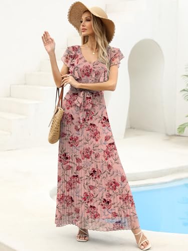 ANRABESS Women Floral Pleated Maxi Dresses Summer V Neck Ruffle Sleeve Empire Waist Boho Belt Wedding Guest Party Flowy Dress Floral Red Rose Medium — view 4