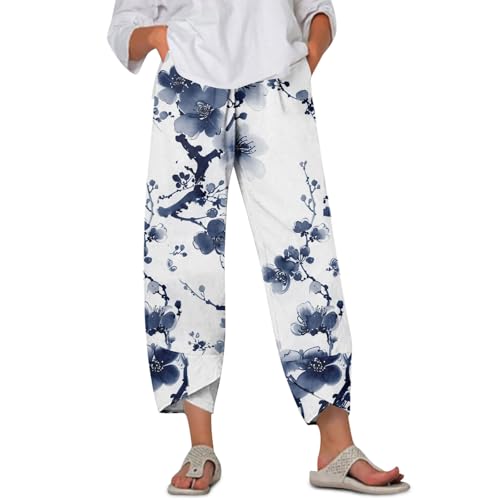 Wide Leg Pants for Women Summer Pants Palazzo Lounge Elastic Waist Cropped Beach Trousers with Pockets