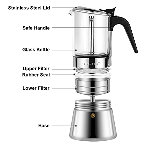 Yolife Premium Crystal Glass Top Stovetop Espresso Moka Pot - 9 Cups Stainless Steel Coffee Maker 360 Ml/ 12.7 Oz (Espresso Cup=40 Ml) #TOP3