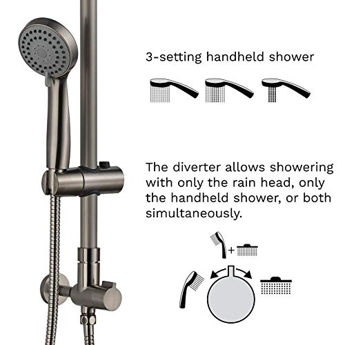 Fennocasa Polaris 1 Retrofit Rain Shower System, Rain Shower Head With 3-Setting Handheld Spray And Slide Bar, 8" Low Profile Shower Head With Hose (Brushed Nickel) #TOP1