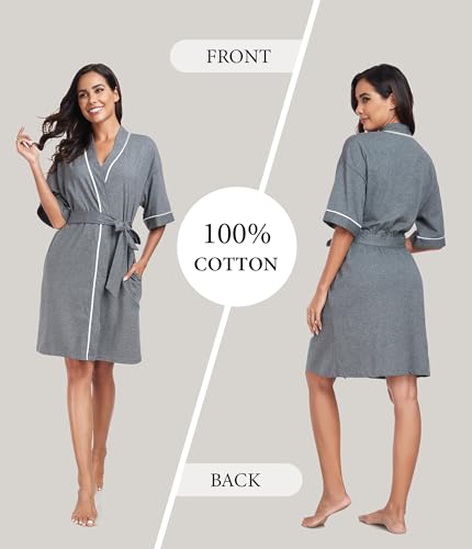 Image of ANLIQI Womens 100% Cotton Robes Lightweight Summer Short Sleeve Lady Bathrobe Knee Length Kimono Robe Sleepwear with Pockets