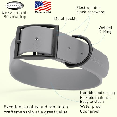 Image of Dogline Biothane Waterproof Dog Collar Strong Coated Nylon Webbing with Black Hardware Odor- Proof for Easy Care Easy to Clean High Performance Fits Small Medium or Large Dogs, Battleship Gray