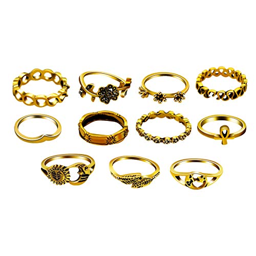 Uloveido 11 pcs Midi Ring Bohemian Knuckle Ring Sets Fashion Finger Vintage Gold Plated Stackable Rings for Women Knuckle Midi Rings Y602 (Antic Gold)