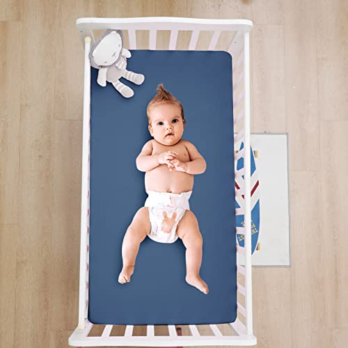 Image of David's Kids 3 Pack Fitted Crib Sheets, Ultra Soft Comfy Breathable Baby Sheets for Boys Girls Neutral, 28x52 Inch Fits Standard Crib Mattress and Toddler Mattresses, White & Light Grey & Navy Blue