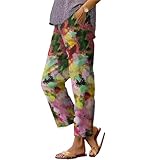 Xernbit Oil Painting Graphic Pants Women Casual Floral Print Elastic Waist Trousers Comfy Lightweight Summer Clothing Fashion Pocket Colorful L