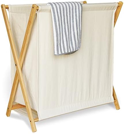 Bellglee Collapsible Bamboo Wood Laundry Hamper, Wooden X Frame Foldable Laundry Basket, Clothes Sorter Organizer with Linen Canvas Laundry Bag for Bedroom or Bathroom