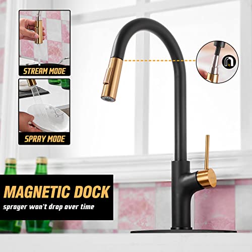 Achelous Black And Gold Kitchen Faucet With Pull Down Magnetic Docking Sprayer,Stainless Steel Pull Out Rv Kitchen Sink Faucets,Single Handle Deck Mount,Grifos De Cocina (Black And Gold) #TOP2