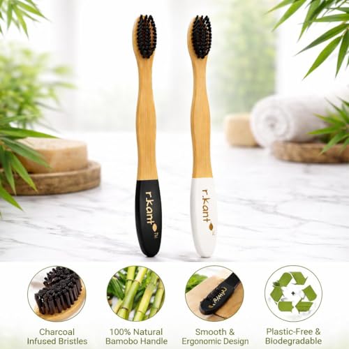 Image of R.Kant Pack of 2 Bamboo Toothbrush Combo for Adults | White & Black | Charcoal Infused Soft Bristles | Eco-Friendly Handle | Includes 2 Toothbrushes & 1 Bamboo Tongue Cleaner