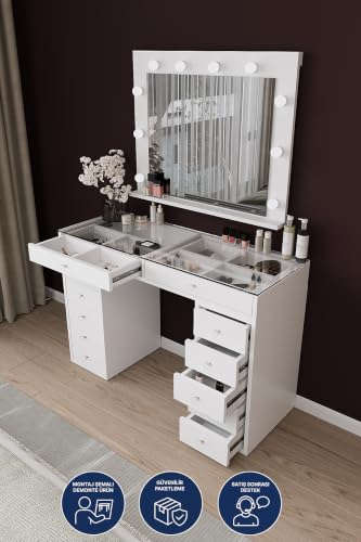 DF02115B LED Işıklı Aynalı Makyaj Masası Tabureli, Bölmeli 12 Çekmeceli Organizer Kozmetik Masası