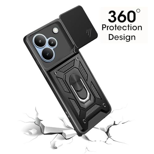 Image of Heavy Duty Back Case Cover for Realme P4 Pro 5G, Shockproof Realme P4 Pro Back Cover, Ring Case with Kickstand and Camera Protection Shutter - Black