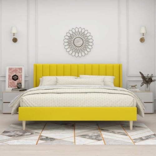 Image of Low Profile Upholstered Platform Bed with Winback Headboard | Bed Queen Size | Bed for Bedroom, Living Room | Bed Without Storage | Mattress not Included | Fabric Color:- Yellow