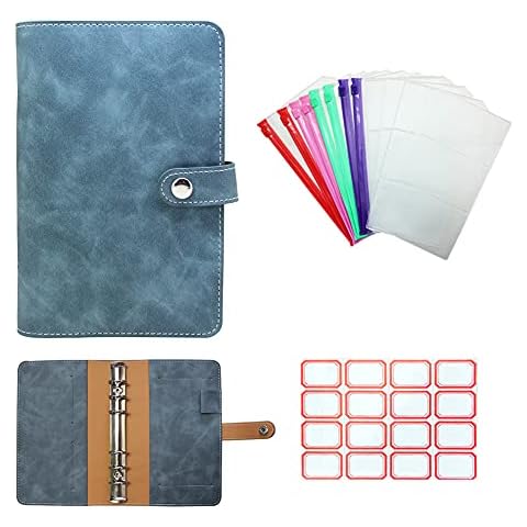 A6 Budget Binder Notebook: CorkAllin 6 Rings Binder PU Leather Loose-Leaf Notebook Folder Binder Cover with 12pcs Clear PVC Envelopes Pockets&Self-Adhesive Label (Blue) Cover