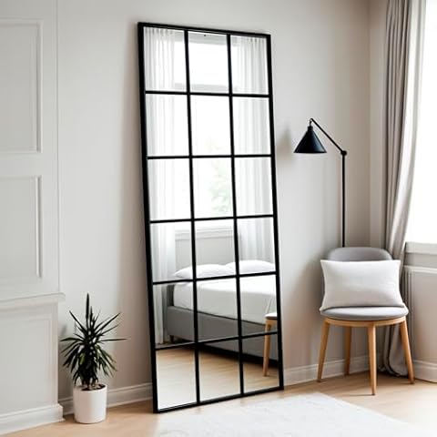 H HOMEWINS Window Pane Mirror,Black Full length Mirror,70x35 inch Grid Wall Mirror,Rectangle Floor Mirror for Entryway,Hallway,Living Room,Fireplace Cover