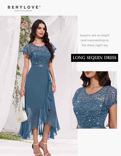 Image of BeryLove Formal Long Dresses for Women Wedding Guest Cocktail Bridesmaid | Airy Lace & Chiffon Evening Gown, Flutter Sleeve, Ideal for Mother of the Bride, Prom, Homecoming Party & Semi-Foraml Events
