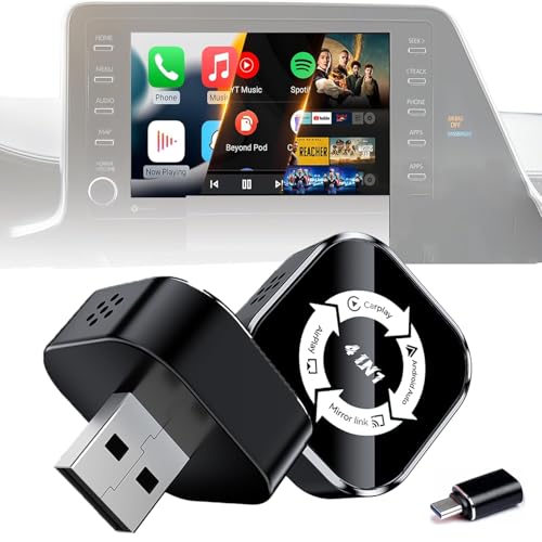 2026 4-in-1 CarPlay-Adapter Drahtloses CarPlay + AirPlay + Android Auto + MirrorLink | Plug-&-Play für iPhone 10+ & Android 11+ | USB-A & Typ-C Dual-Ports (Schwarzweiß)