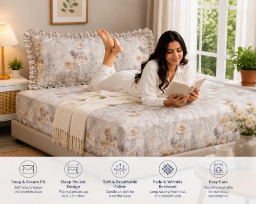 Image of Fitted Bedsheet Queen Size 300 TC Soft Cotton Feel Microfiber All Around Elastic Fitted Double Bedsheet with 2 Frill Pillow Covers | Size (60x78) Beige Rose