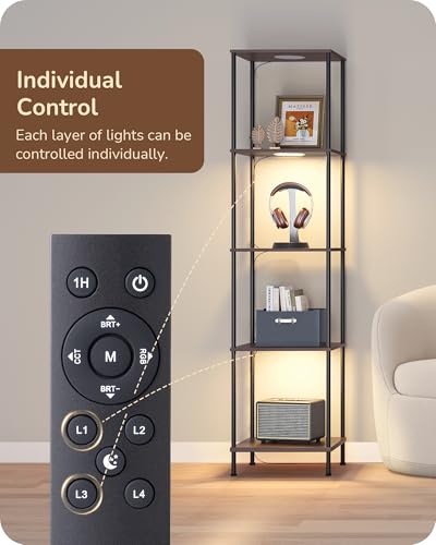 Image of EDISHINE RGBW 5-Tier Display Shelf Floor Lamp, 3 Modes Remote, Walnut | Adjustable Brightness & Color Temperature, 3 Modes, Remote Control, Modern Corner Lamp for Living Room, Bedroom, Study