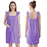 PJGGZ Towel Wrap for Women - Ruffled Straps Absorbent & Quick Dry Towel Bathrobe, Lightweight for Shower and Spa(Including Plus Size)(Light Purple,S/M)