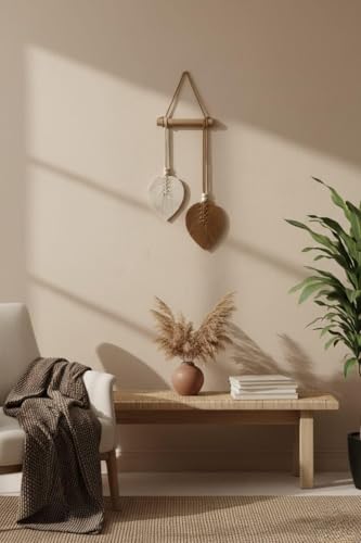 Image of AdFashionble Boho Macrame Wall Hanging Leaf Decor for Home, Living Room & Bedroom | Cotton Thread Art with Wooden Rod | Minimalist Handmade Wall Decoration | Aesthetic Nordic Wall Art for Home, Office & Gift Purpose (BROWN & OFFWHITE)