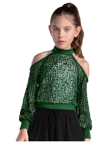 TiaoBug Kids Girls Long Sleeve Sparkly Cropped Tshirt Cold Shoulder Sequin Mesh Dance Crop Top