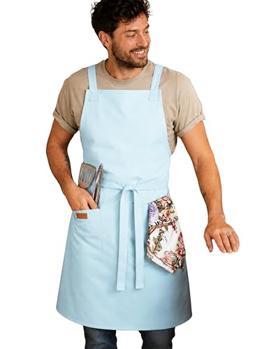 Image of Kitchen Apron - 100% Cotton, Adjustable Neck strap, Large Pocket - Unisex Apron for Men & Women - Cooking, Baking, BBQ, Gardening - Solid Colours, Striped and Checkered Patterns