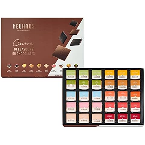 Neuhaus Belgian Chocolate Carré 10 Flavors Box – 60 Neuhaus Chocolate Carrés Assorted Milk & Dark Chocolates – 10 Flavors – Individually Wrapped – Chocolate Treasure Box Cover
